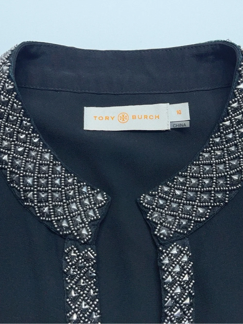 Tory Burch Silk Blouse Womens Size 10 Black Embellished Long Sleeve Front Lined